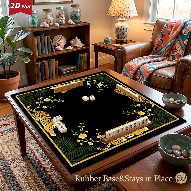 VIKAMA Black Tiger Plum Blossom Mahjong Table Mat Retro Animal Printed Table Carpet Silent Anti Slip Carpet Home Decoration