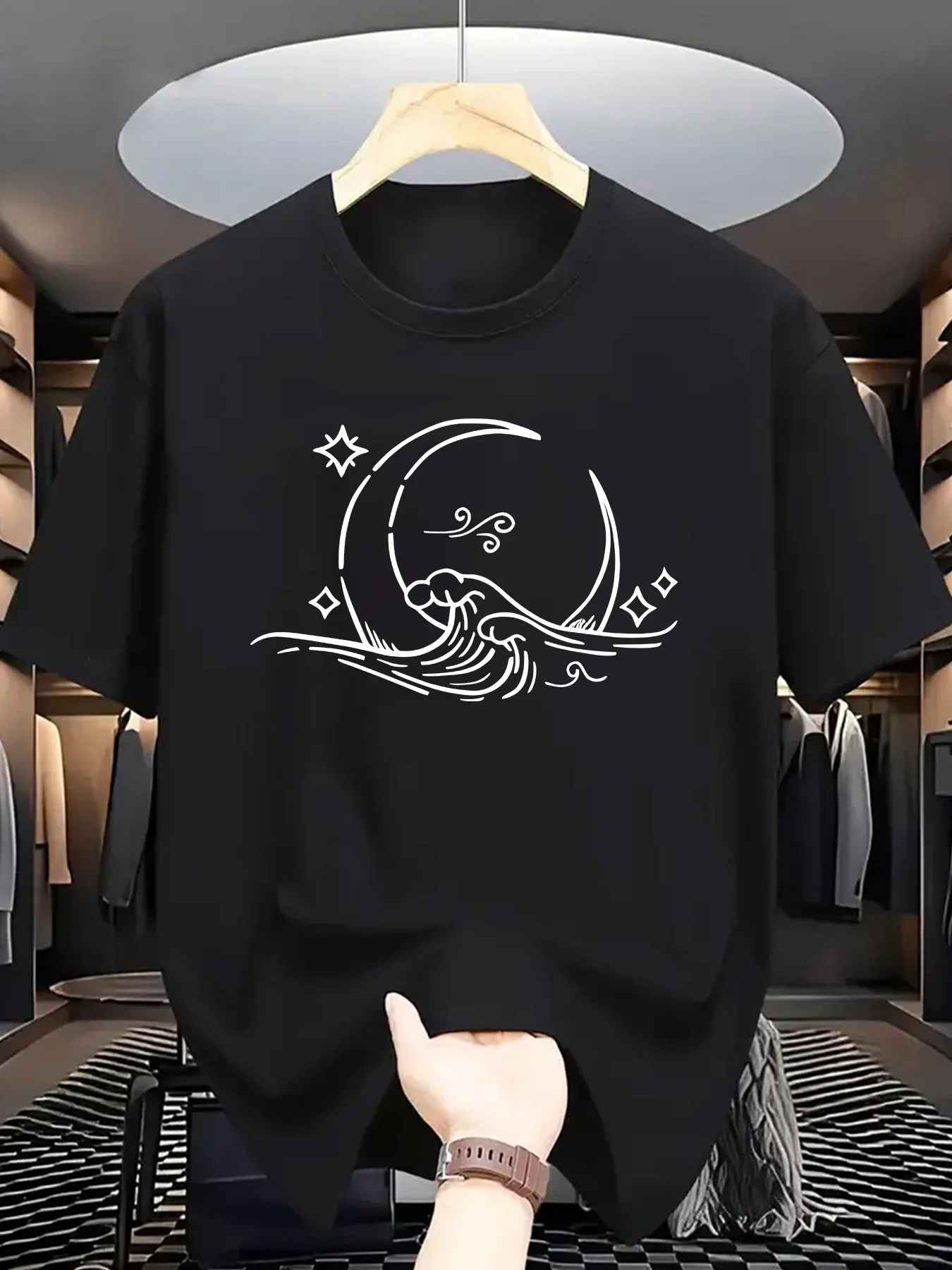 Crescent Moon Ocean Wave Mens Crew Neck T Shirt Star Cloud Oriental Line Graphic Short Sleeve Tee Casual Male Street Tops
