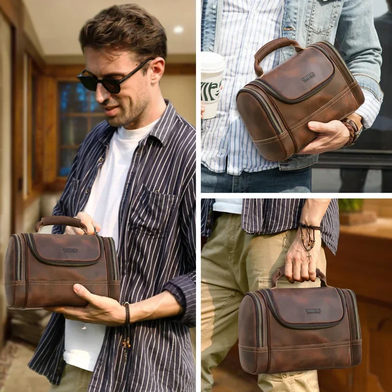 

Men Genuine Leather Travel Toiletry Shaving Bag Women Retro Cosmetic Washing Organizer Large Capacity Handbag for Business