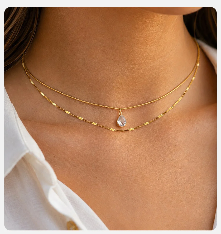 Vnox Trendige Doppelschichtige Halskette für Damen, 18K Vergoldet, Tropfenförmiger Zirkon, Runde Schlangenkette, Choker-Halskette, Y2K-Schmuck – Detail 2