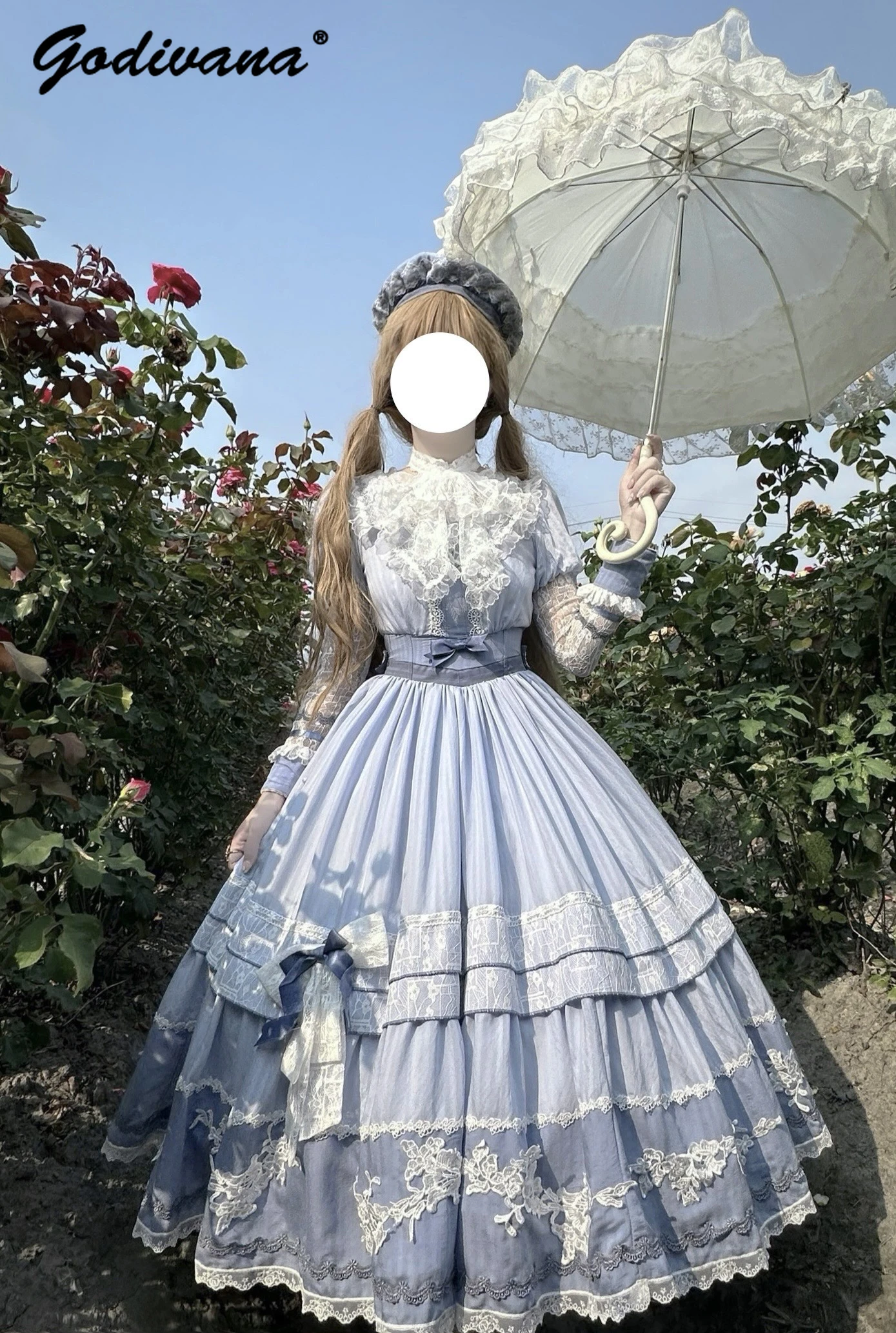 Original Lolita Süße Mädchen Spitze Gesticktes Matrosenkragen Elegantes Cla Kleid Neue Frühling und Herbst Damen Pastorale Lange Kleider