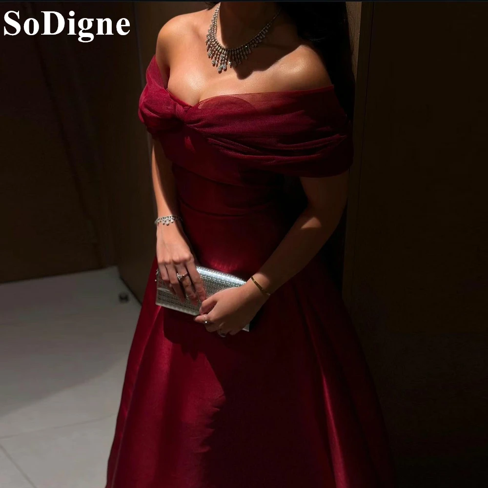 

SoDigne Elegant Burgundy Satin Evening Dresses Tulle Off Shoulder A-Line Backless Sexy Gala Party Dress 2024 Prom Gown for Women