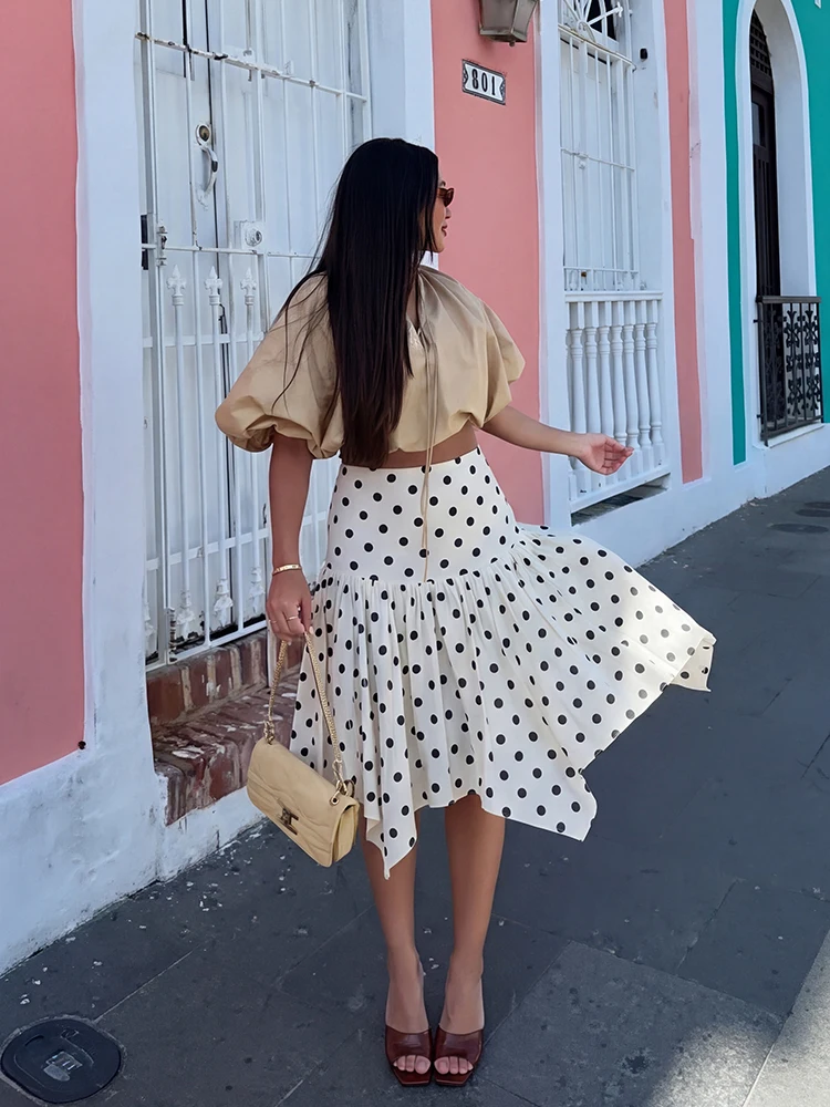 HH Elegant Summer Women Polka Dot Midi Skirt 2026 High Waist Irregular Hem Flowy Ruffle Skirt Beach Vacation Office Party Casual