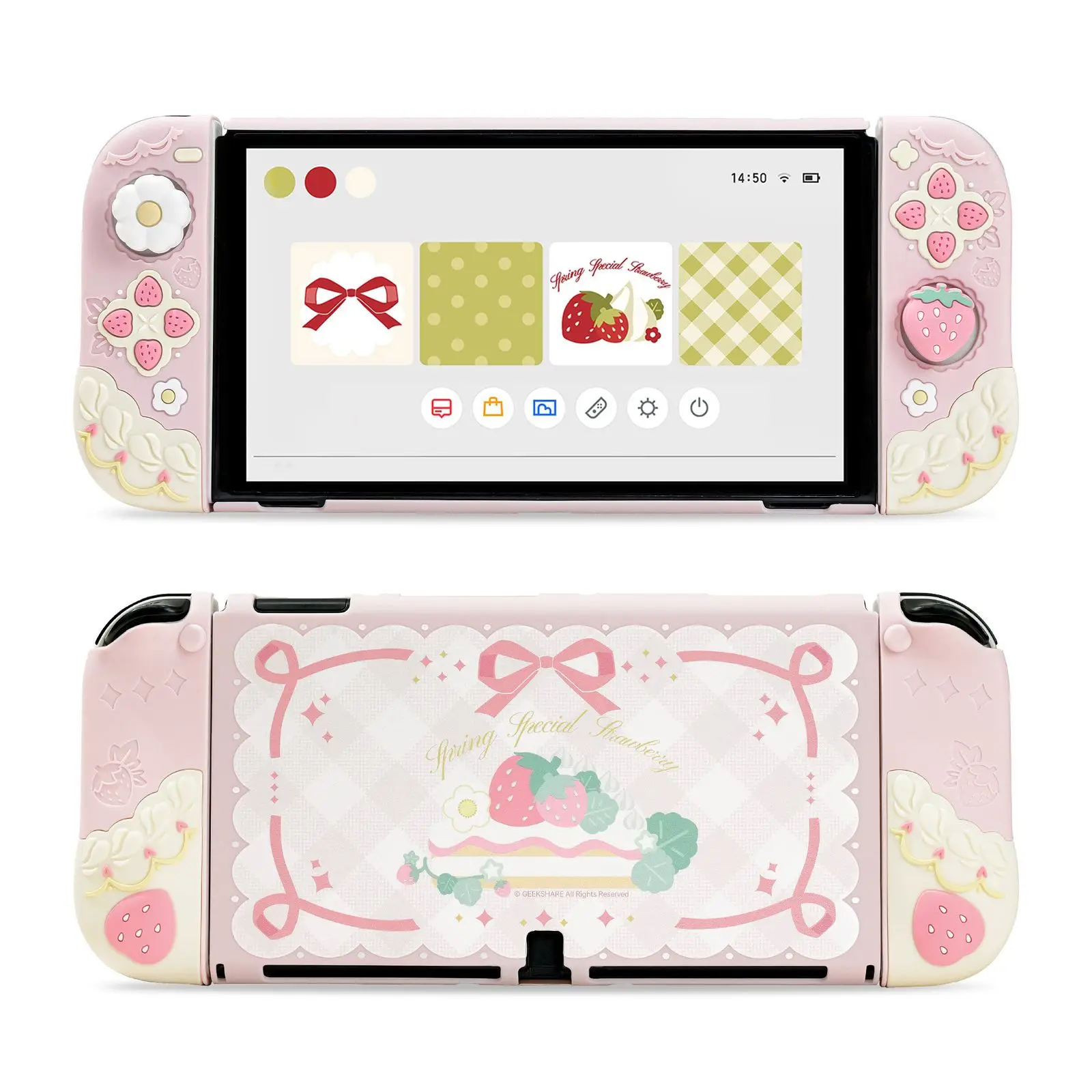 

Защитный чехол Geekshare для консоли Nintendo Switch OLED и чехол для JoyCon с 2 индивидуальными накладками на стики в форме клубники.
