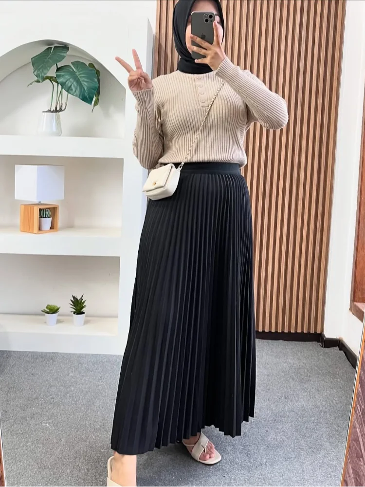 

Elegant Women Solid Pleated Midi Skirt Lady High Waist Flared Lightweight Flowy Skirt 2026 Casual Holiday Party Fashion Bottoms