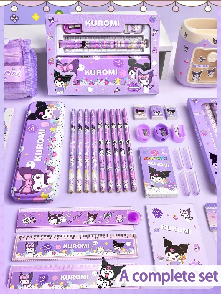 Sanrio 12 pçs kuromi conjunto de papelaria cinnamoroll minha melodia lápis borrachas réguas estudante material escolar estudo papelaria presentes