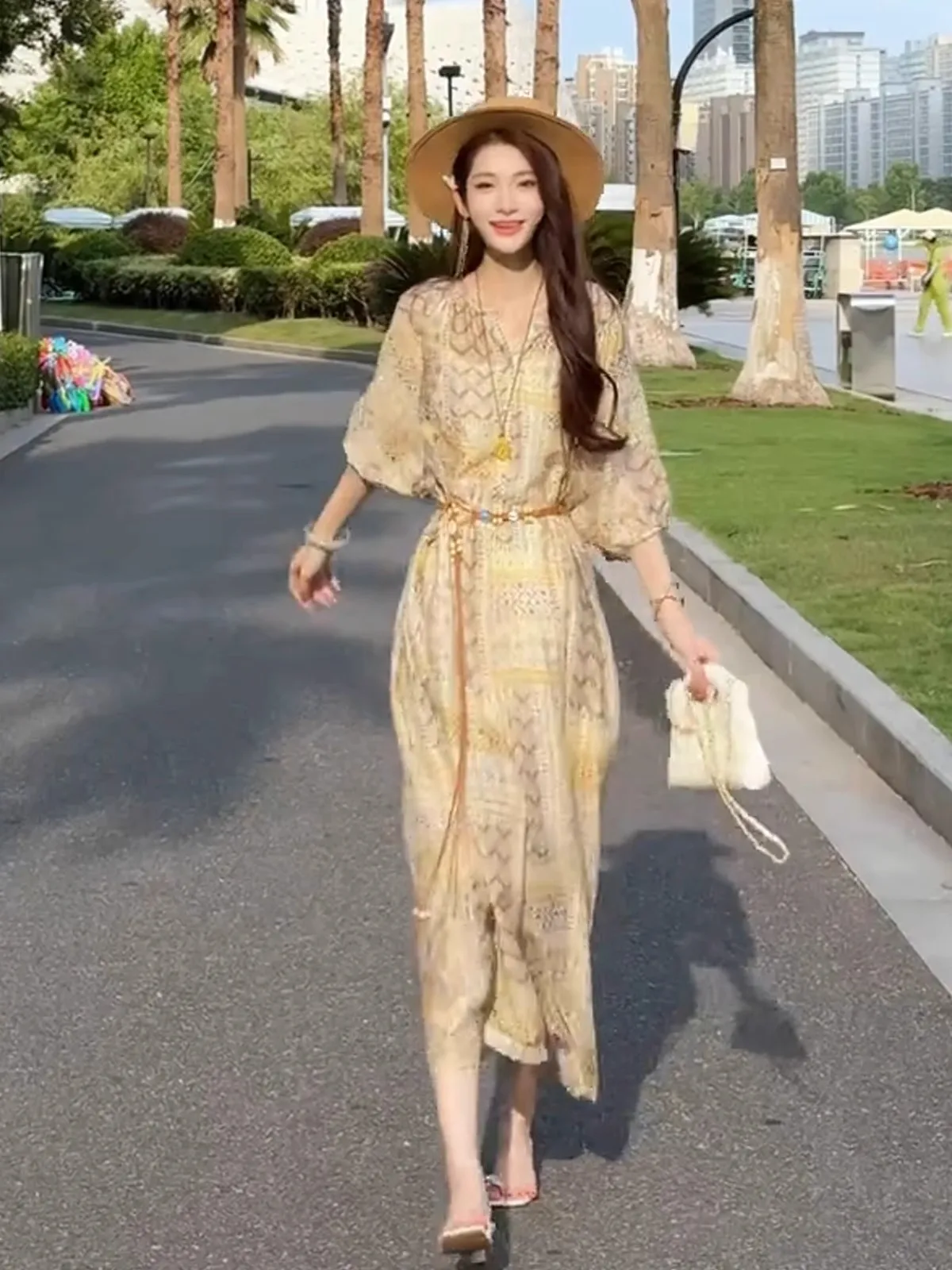 Floral Print Slimming Long Dr Women's Spring Summer New Sle Comfortable A-Line Midi Dr V-Ne Svel Tea Break De...