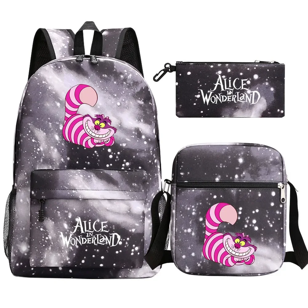 Kawaii Alice in Wonderland 3Pcs Boy Girl Kids School Book Bags Teenager Travel Backpack Shoulder Bag Pen Bag