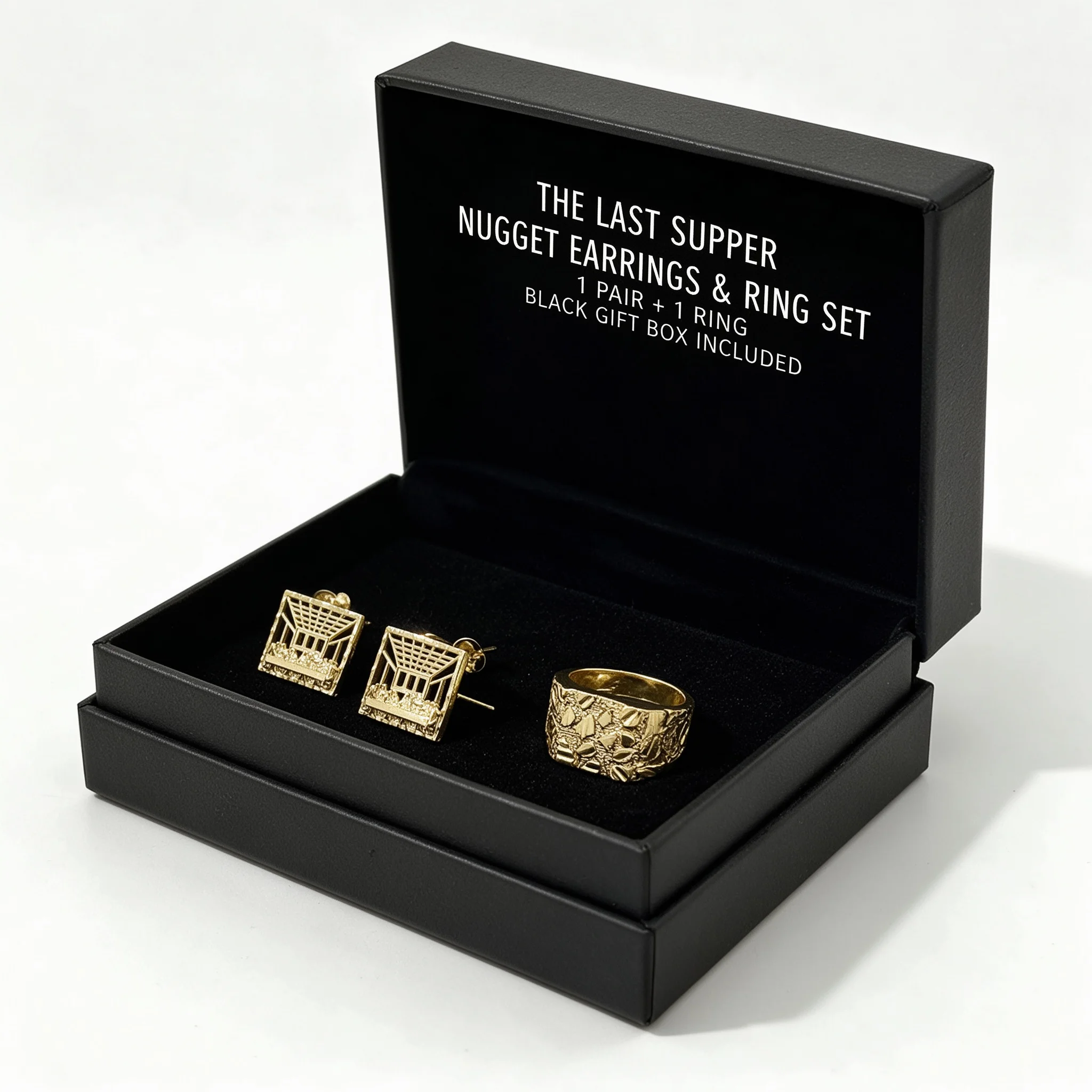 21mm Big Size Last Supper Square Nugget Stud Earrings And Ring Set for Men And Women Textured Rough Hip Hop Rap Design Jewelry