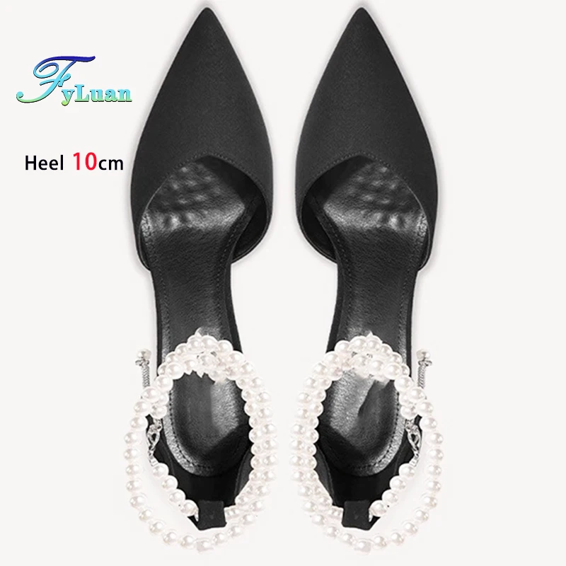 

Черные женские туфли на высоком каблуке 10 см, 8 см, 6 см, женские туфли-лодочки на тонком каблуке с острым носком, сандалии с жемчугом и ремешком-цепочкой, свадебные туфли на шпильке