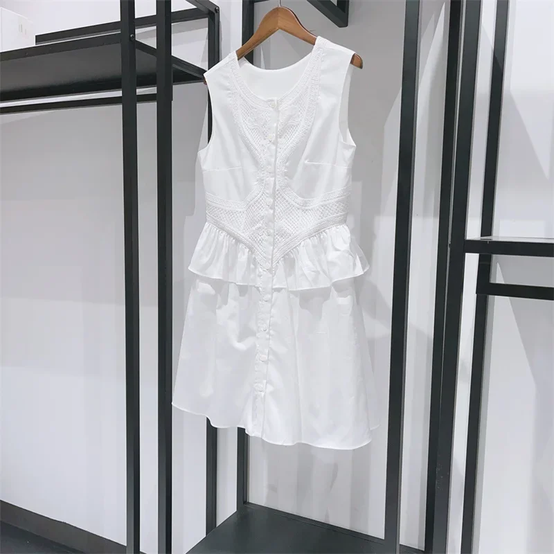 Vestido feminino de renda branca babados, gola em O emendado, sem mangas, seios únicos, doce, verão, mini robe, 2024