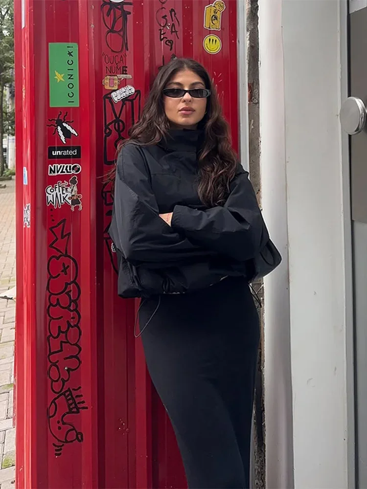 2025 Drawstring Women's Bomber Jacket Loose Stand Collar Full Sleeve Zipper Female Jackets 2025 Autumn New Lady Sportwears