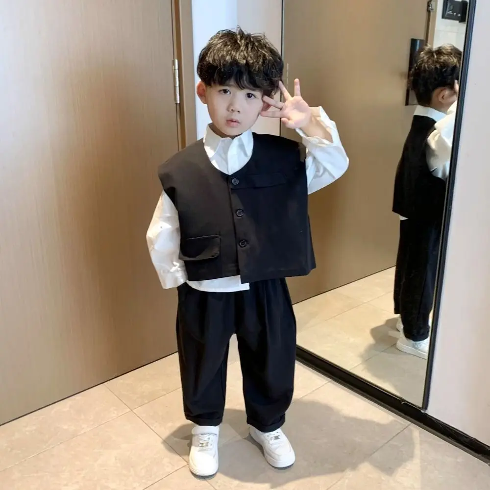 Boys' Autumn Spring Suits Vest Jacket Button Shirt Pants Three-piece Sets 2025 Handsome Children's Korean Fashion Street Sets