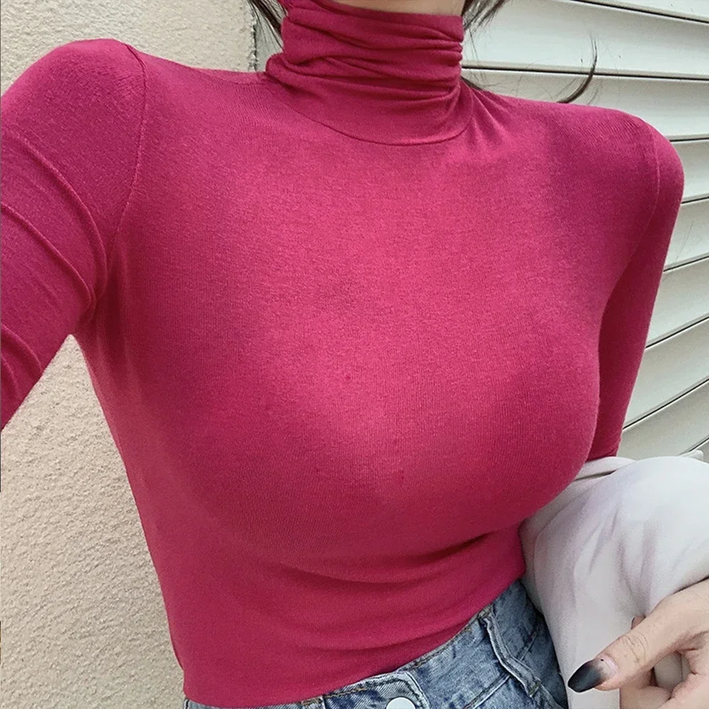 T-Shirt Vintage Turtleneck Sweater with Hem Without Stitching Women Soft Knitted Pullover With No-sew Cuffs Fashion Long Sleeve