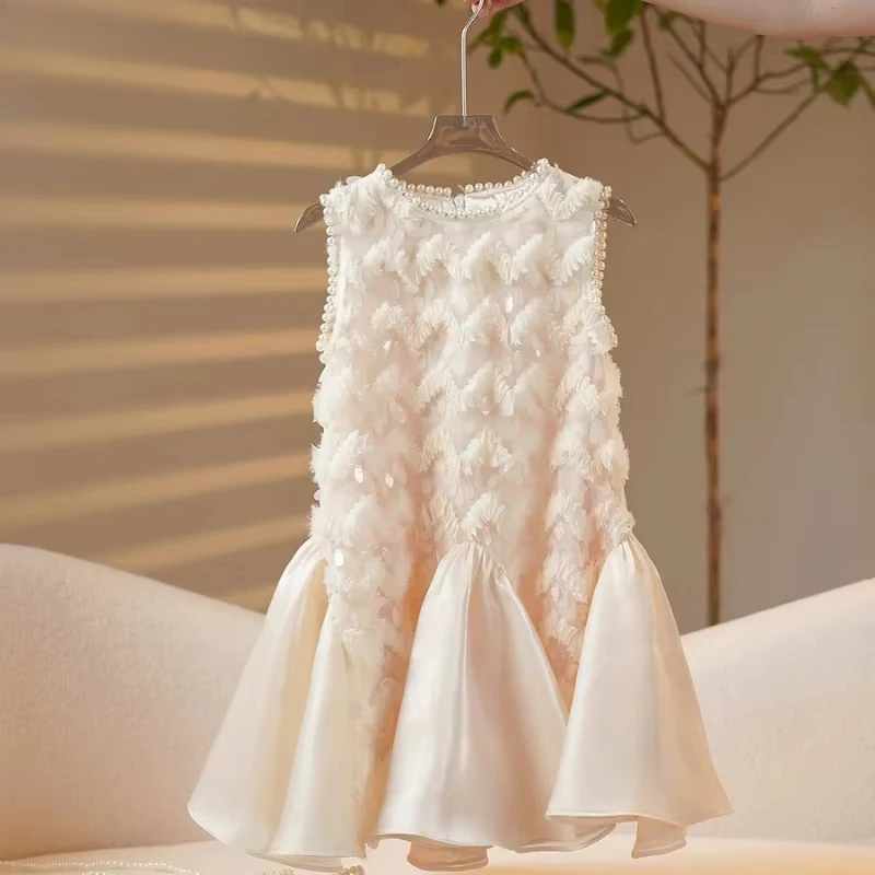 2026 Girls New High-end Dress White Short Sleeves Princess Costumes Matching Clothes Beige Summer Party Wedding Formal Clothes