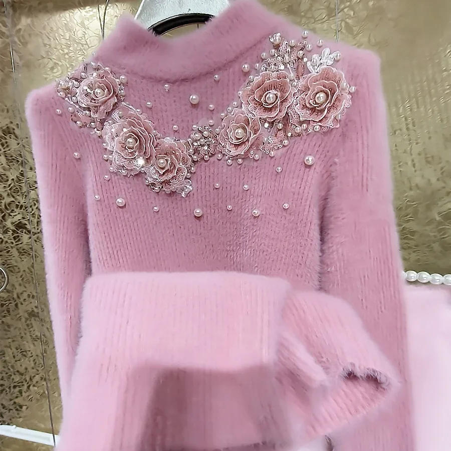 3D Floral Pearls Sequins Pink Mohair Sweater Mock Neck Thickened Mink Cashmere Flowers Pearls Beaded Pullovers Knitwear Tops