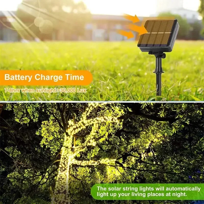 5 упаковок, солнечный светодиодный сказочный свет, уличные рождественские огни, 8 режимов, медная проволока, гирлянды, водонепроницаемые, для сада, вечеринки, елки, декор для патио