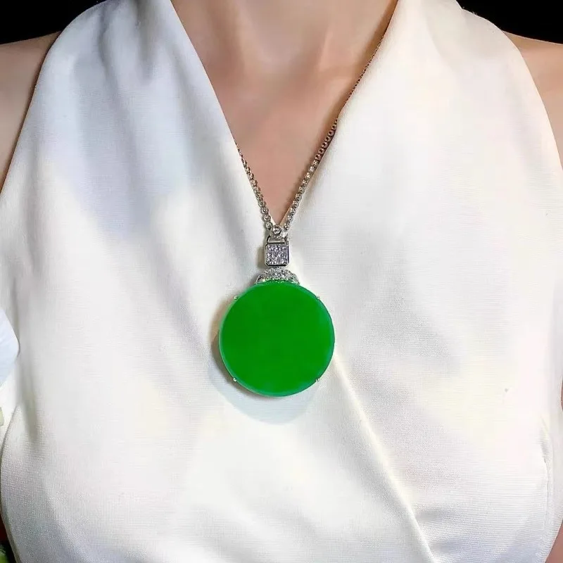 Myanmar Ice-Type Full Sun Green Pendant Peace Buckle Plain Round Jade Ornament Unisex Gift