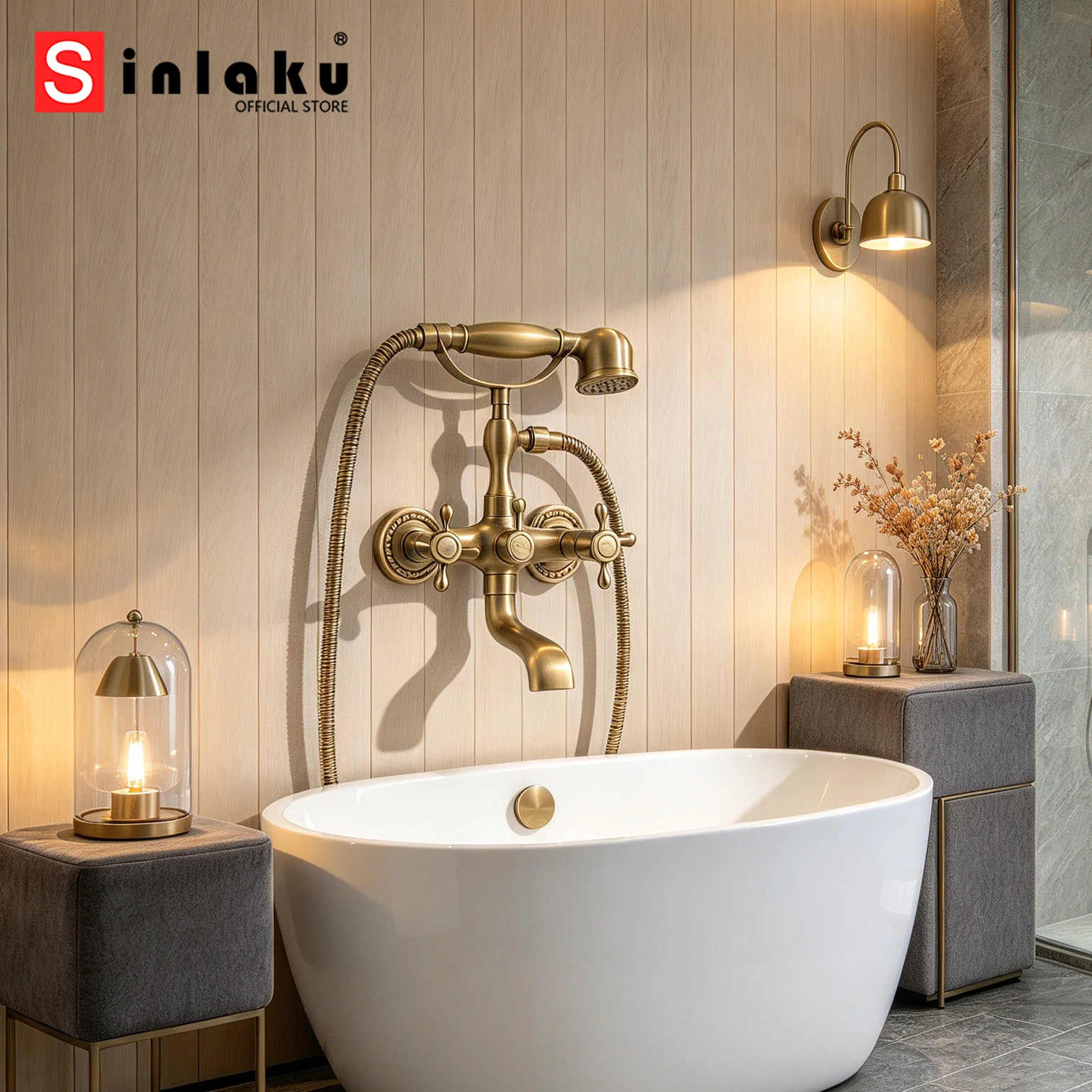 SINLAKU Bathroom Antique Brass Bathtub Shower Faucets Set Wall Mounted Bath Shower Set 360 Swivel Tub Spout Cold Hot Mixer Tap