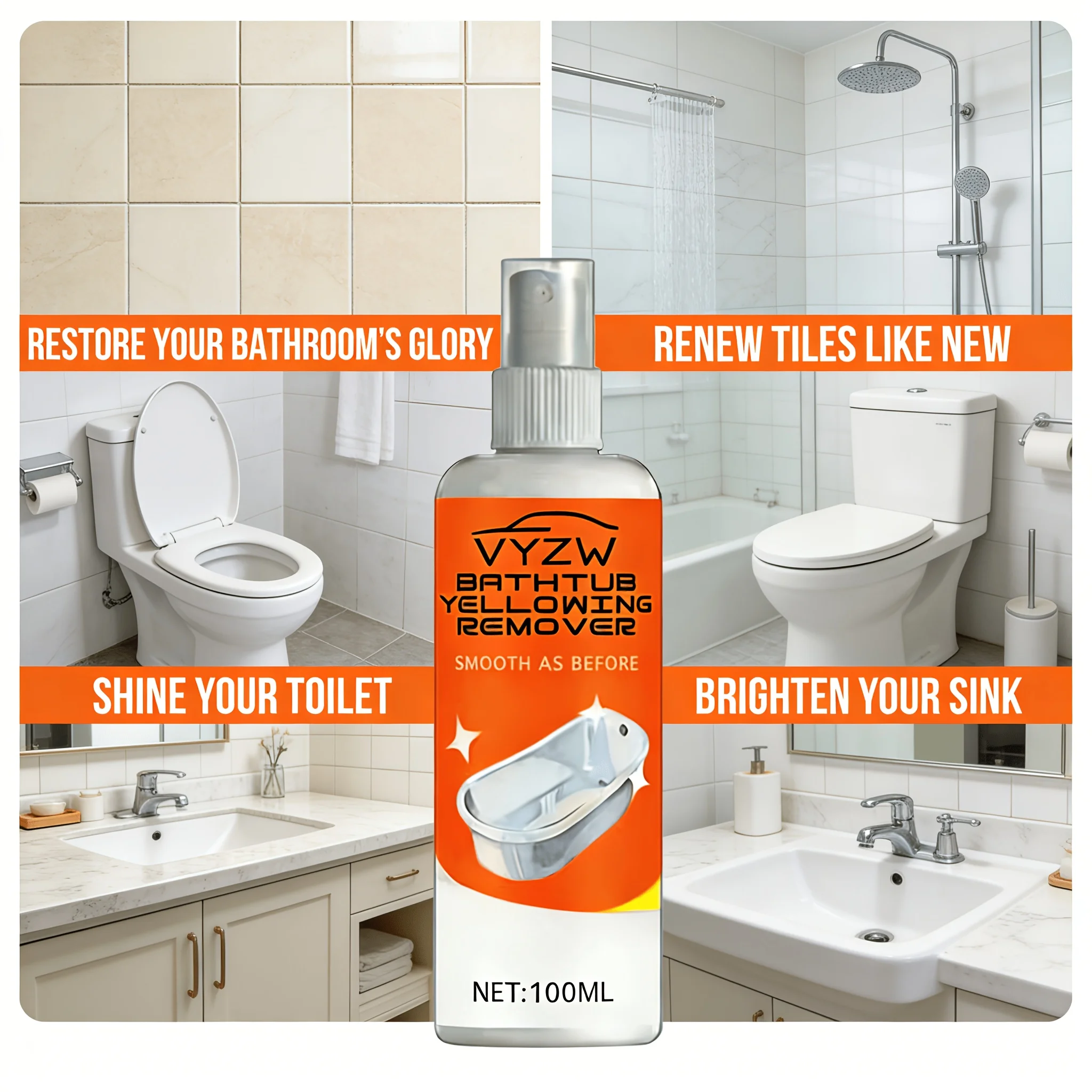 VYZW Bathtub Yellowing Remover 100ml - Bathroom Tub Stain Remover, Restore Tub to Original Smooth Condition