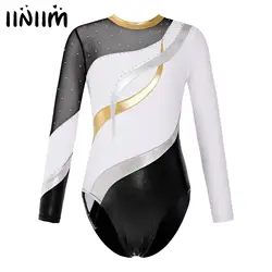 Girls Shiny Rhinestone Gymnastic Ballet Jersey Dance Leotards Costume Long Sleeve Round Neckline Figure Skating Jumpsuit