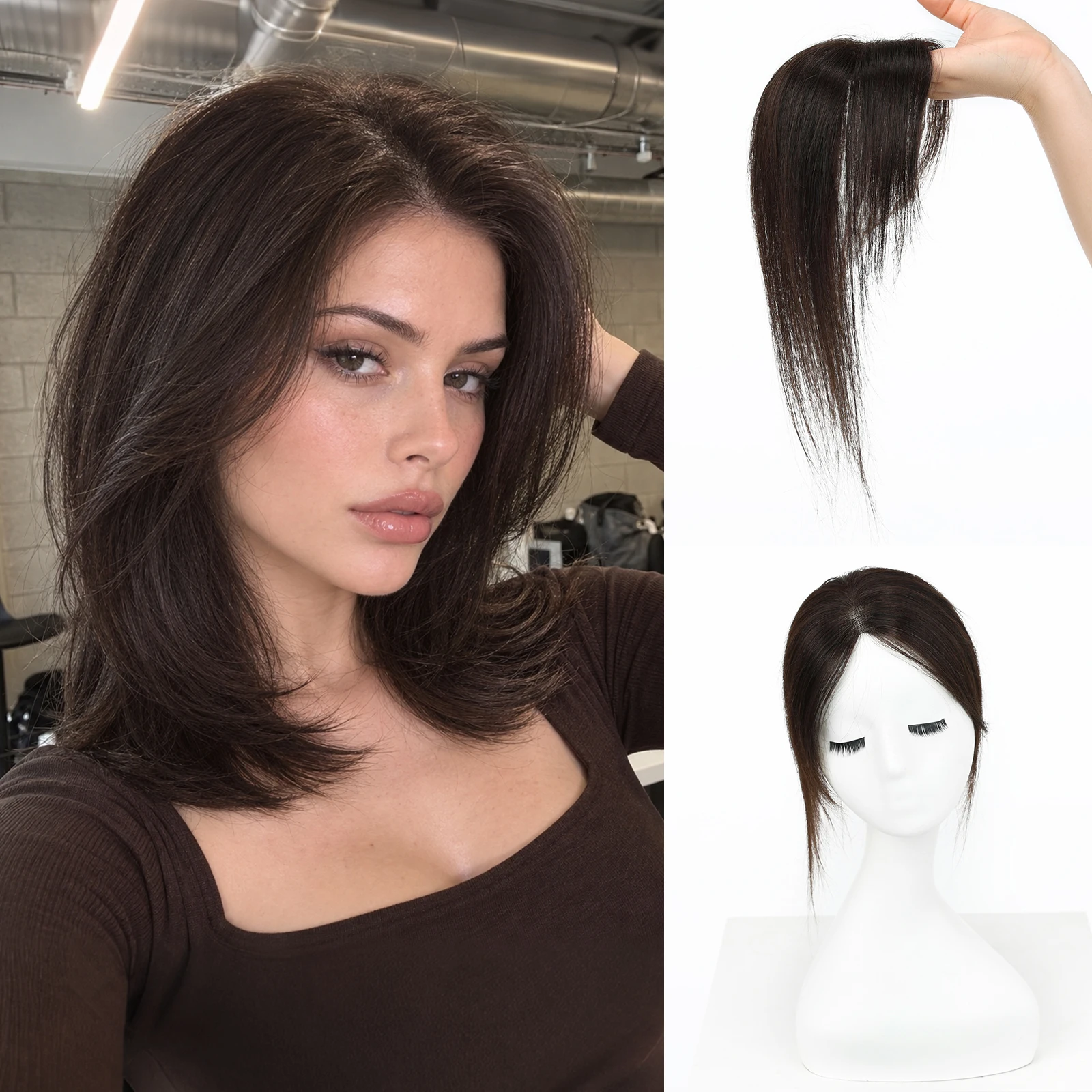 Brown Middle Part 10 Inch 3x4 Inch Lace Base Straight 100% Remy Human Hair Topper Hairpiece for Women Thinning Hair Natural Look