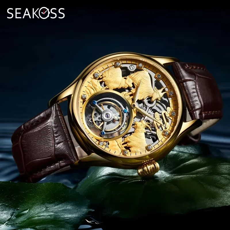 

SEAKOSS 7008 Мужские механические часы с ручным турбийоном и полым механизмом из кожи, нержавеющая сталь Sanyang Kaitai с сапфировым стеклом 2024