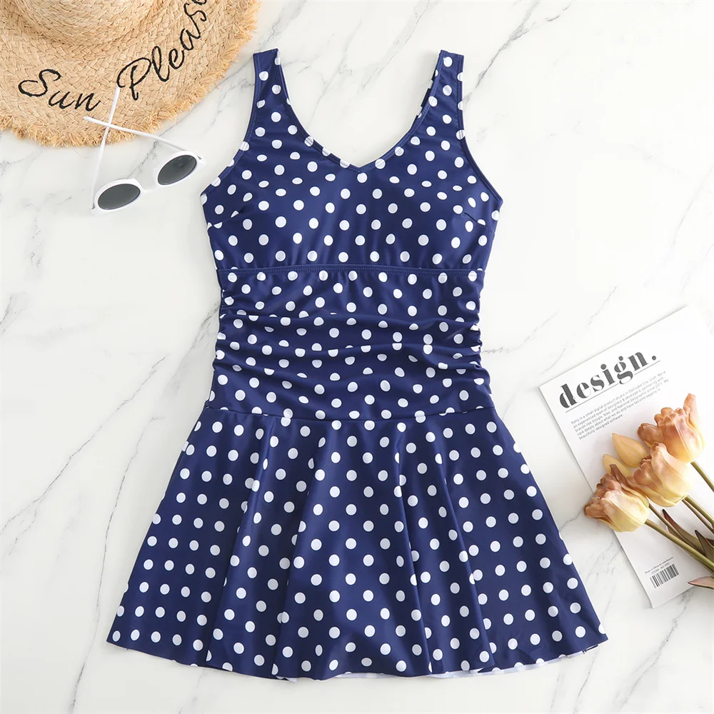 

Vintage Dot Bikini Print Y2K Swimsuit Pleated Dress Push Up Swimwear Women 1-piece Vacation Outfits Bathing Suits Beach Biquinis