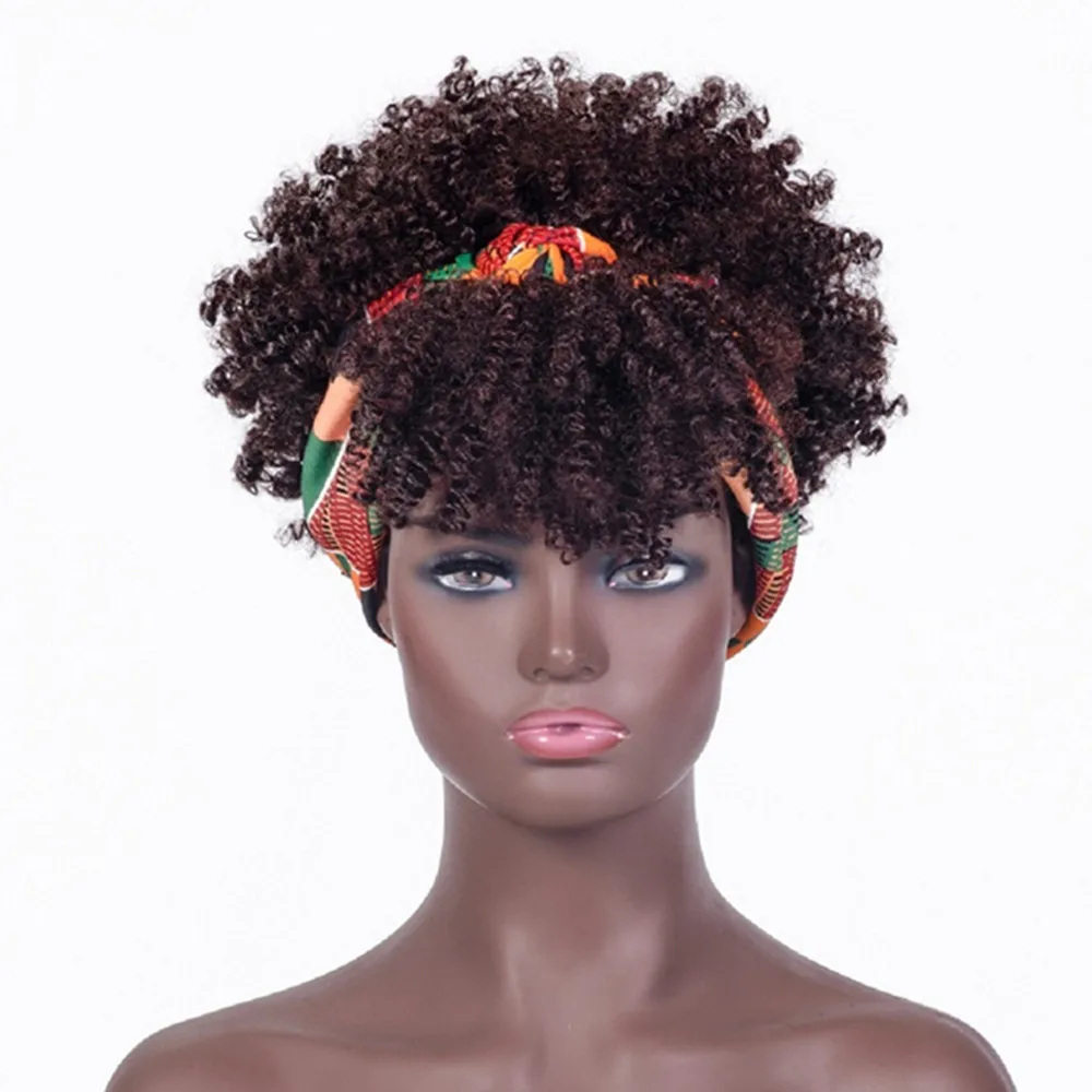 

Короткий афро-кудрявый вьющийся парик для чернокожих женщин, синтетические каштановые волосы с челкой, повязка на голову, в комплекте, парик с запахом