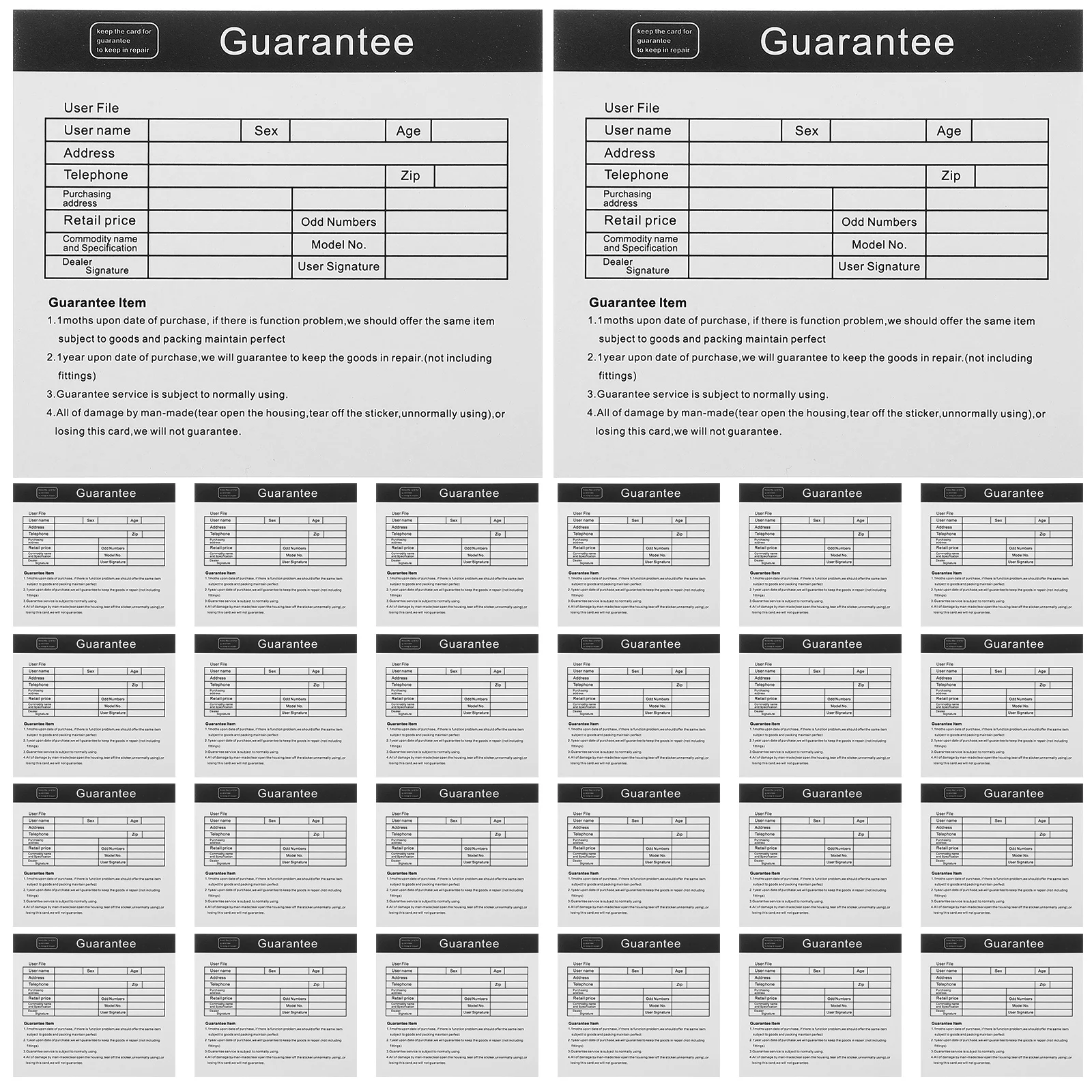 

200Pcs English Warranty Card Appliance After-Sales Guarantee Maintenance Card Clear Instructions Repair Use Warranty Cards