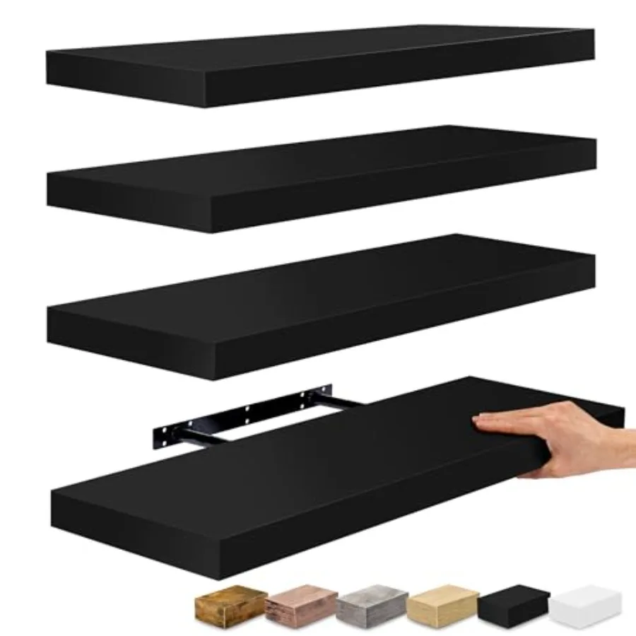 

Floating shelves for bathroom bedroom kitchen living room wall decor and book storage black metal with invisible brackets 24-in