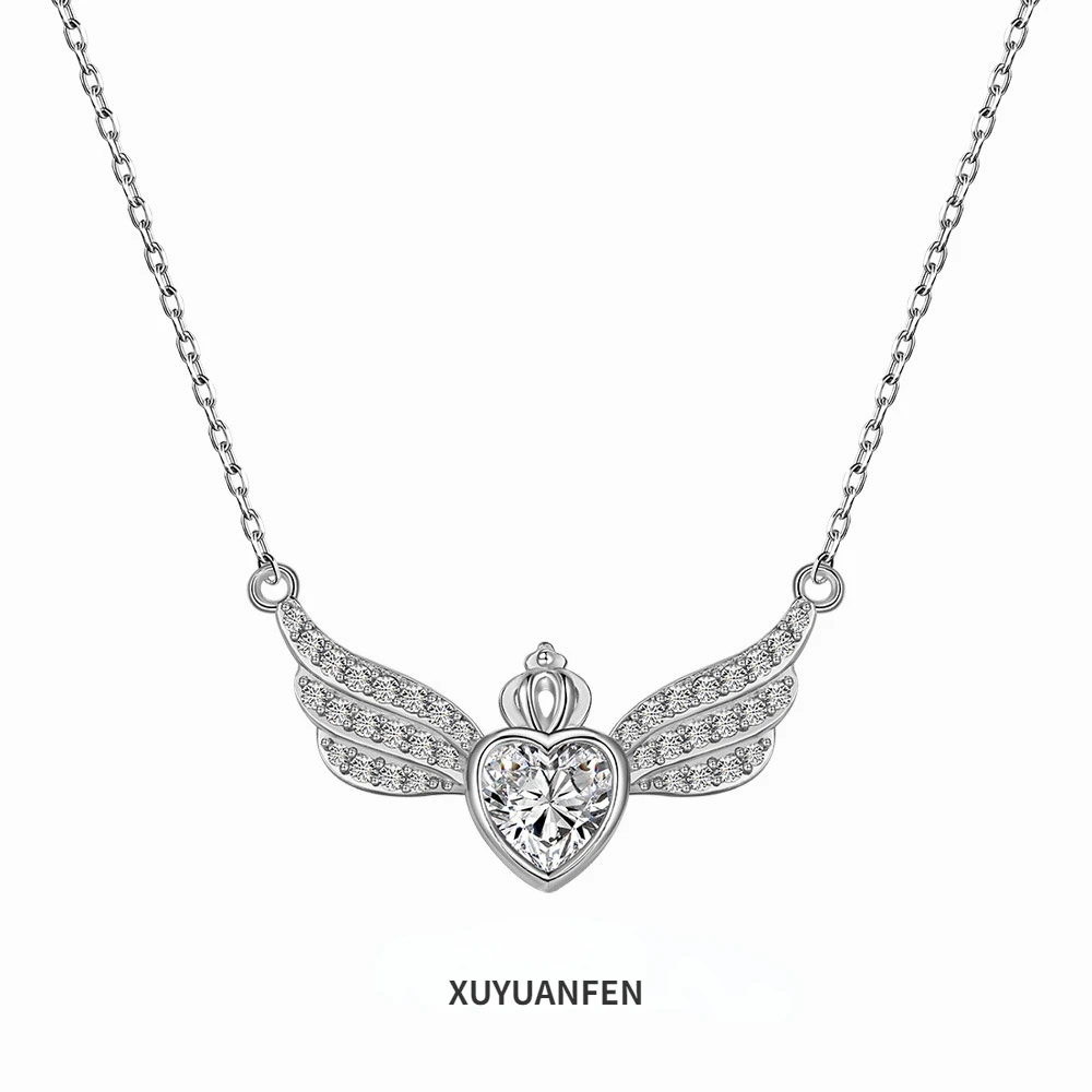 

XUYUANFEN Cross Border Live S925 Sterling Silver Necklace, Female Angel Wings, Wings, Love Zircon Crown Pendant, Clawbone