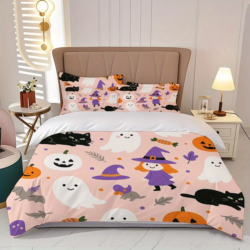 2D Flat Print Halloween Bedding Quilt Cover, Cute Witch, Pumpkin, Ghost, Cat Print Quilt Cover Set, Quilt Cover Set, Three-Piece Bed Set (1*Quilt Cover + 2*Pillowcases), Suitable for All Seasons, Machine Washable, Invisible Zipper Design, Large Double Bed Cover Set, Suitable for Home, Dormitory, Master Bedroom, Guest Room