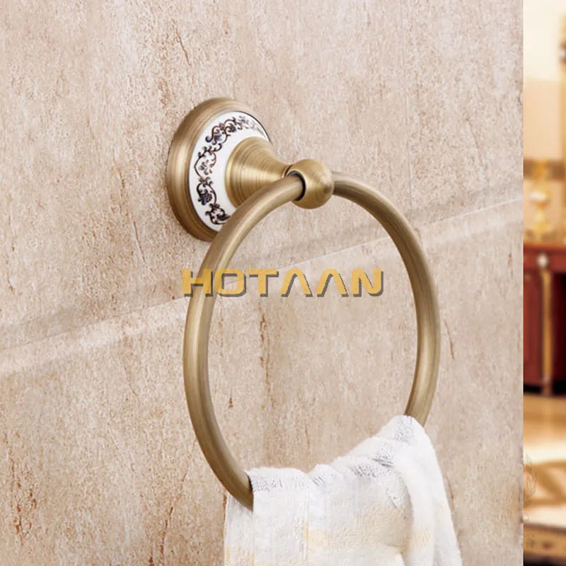 ., Bathroom towel holder, solid brass Wall-Mounted Round  antique brass Towel Ring with ceramic,Towel Rack,YT-11591