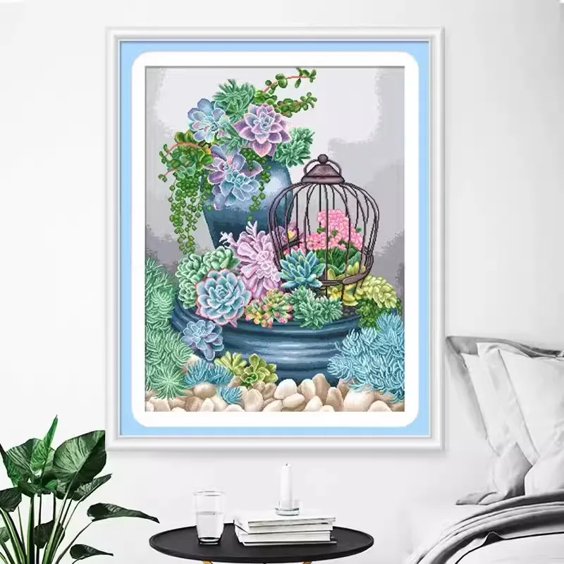 

18CT 14ct 86X67cm Succulent Pre-Printed Cross Stitch DIY Embroidery Set Handmade Handicraft Floss Needle Crafts 90 Colors