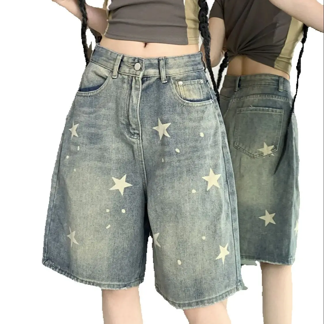 American Retro Washing Old Star Denim Shorts Spring Summer New Five-Point Women Street Straight Versatile Slim Wide-Leg Pants