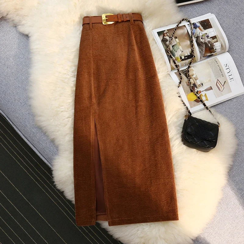 Women Korean Split Mid-calf Length High Waist Slim Package Hip A-line Retro Black Corduroy Skirts Fashion Spring Faldas Large