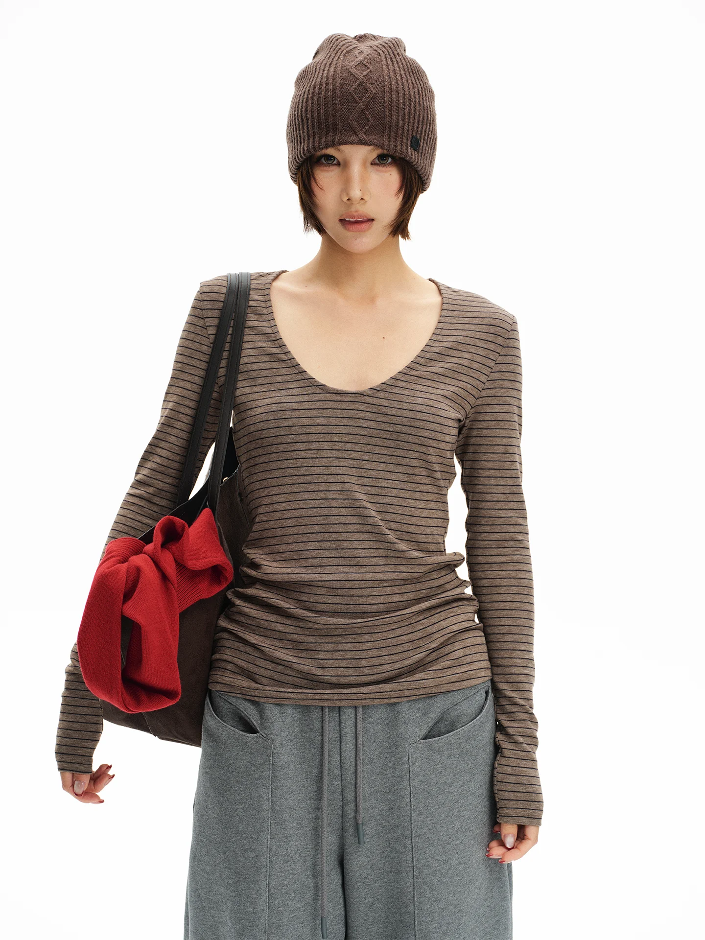 

Slimming Effectiven Commute Comfortable Women's T-irt Deep U-ne Striped Design Knitted Top Casual Sle Long Sve