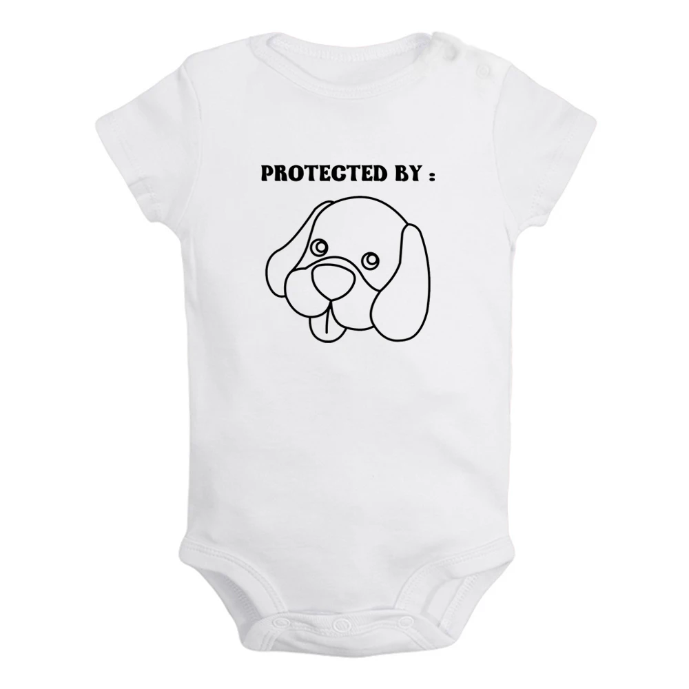 iDzn New Protected by Dog Fun Graphic Baby Bodysuit Cute Boys Girls Rompers Infant Short Sleeves Jumpsuit Newborn Soft Clothes