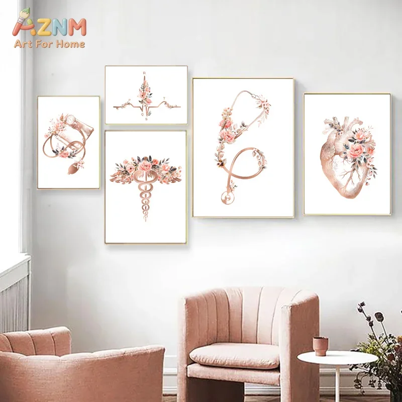 AZNM Frameless Canvas Poster Floral Medical Print, Stethoscope Anatomical Heart Caduceus ECG Rose Gold Art Wall Picture for Clin