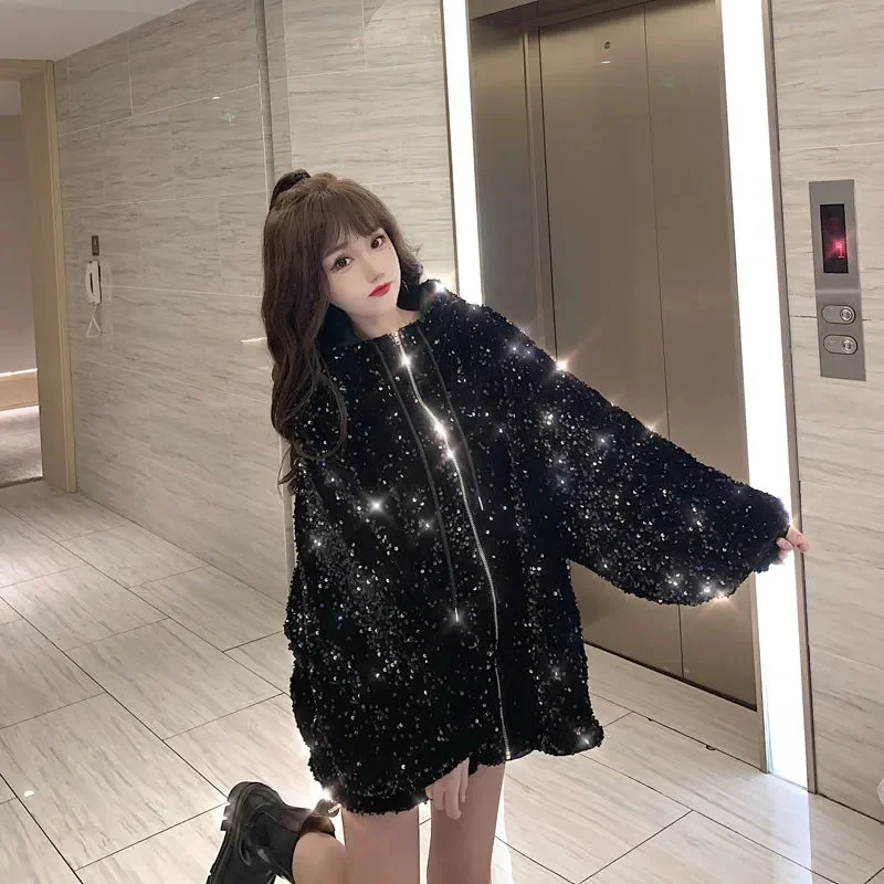 Starry Sky Hooded Coat Women 2023 Spring Korean Version Loose Versatile Short Thickened Cotton Coat Trendy INS Commuter Sequins