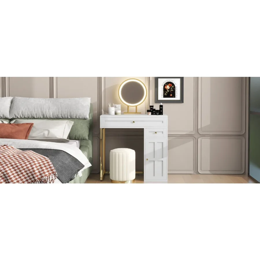 31.5インチの化粧台、ライト付きミラー、2つの引き出しと1つのキャビネット付きの豪華なドレッシングテーブル、B用の3つの照明モードをご用意