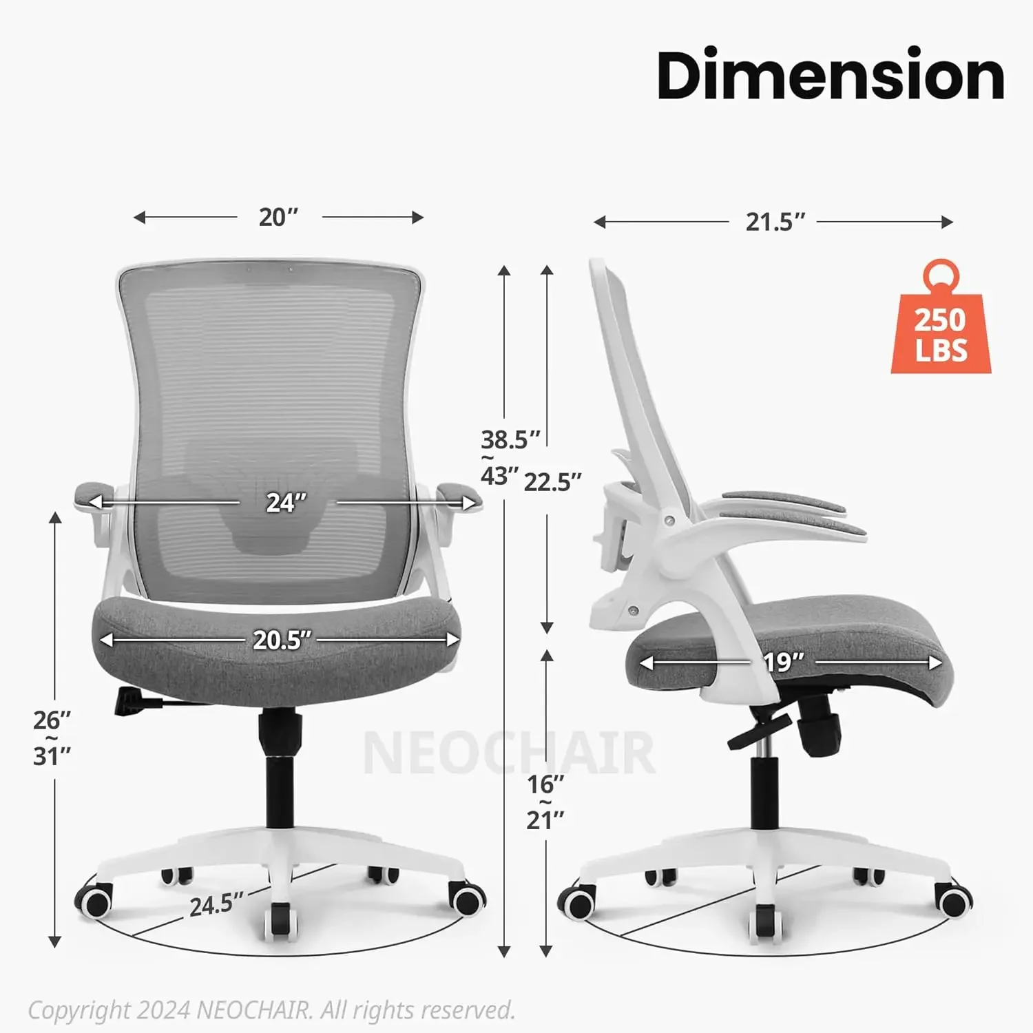 Height and Ergonomic Design Home Office Computer Desk Chair Executive Lumbar Support Padded Flip-up Armrest Swivel Chair (Grey)