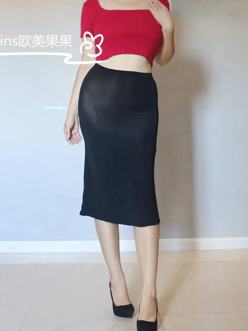 WOMENGAGA Silk Transparent Thin Couple Outdoors Hot Sexy Skirts A-LINE Slim Skinny Elasticity Fashion Korean Women Skirt 4TTN