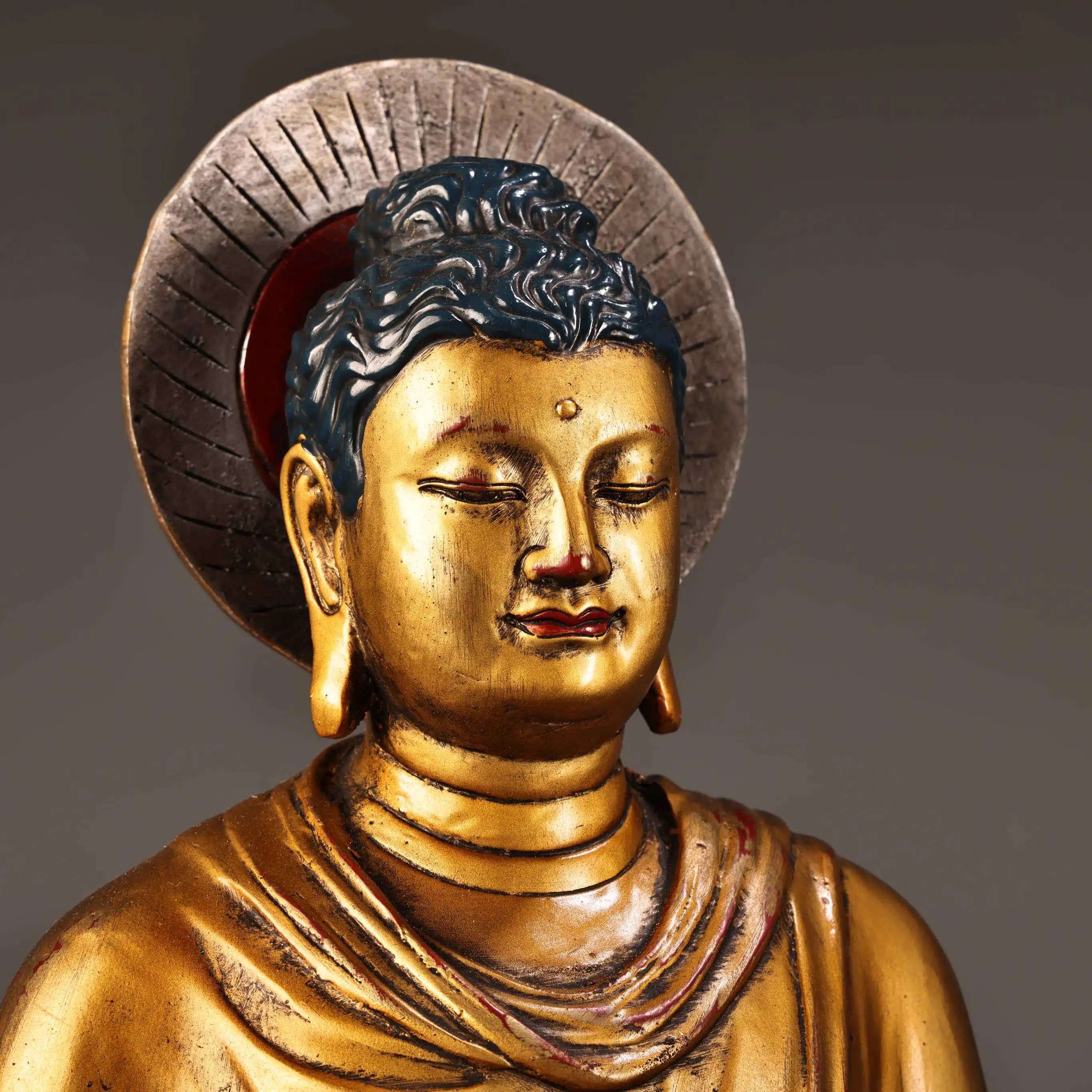 High Relief Handmade Shakyamuni Copper Meditation Statue Gold Silver Engraved Home Decor