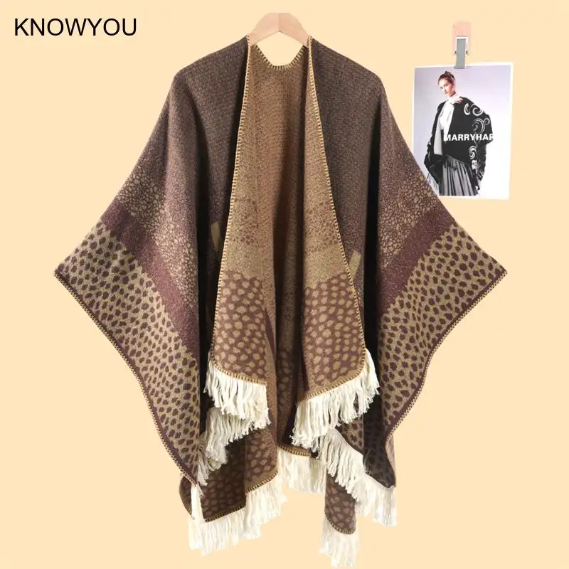 

Leopard Print Split Pashmina Women Elegant Shawl and Wraps Long Tassel Cape Jacket Warm Artificial Cashmere Jacket Pullover