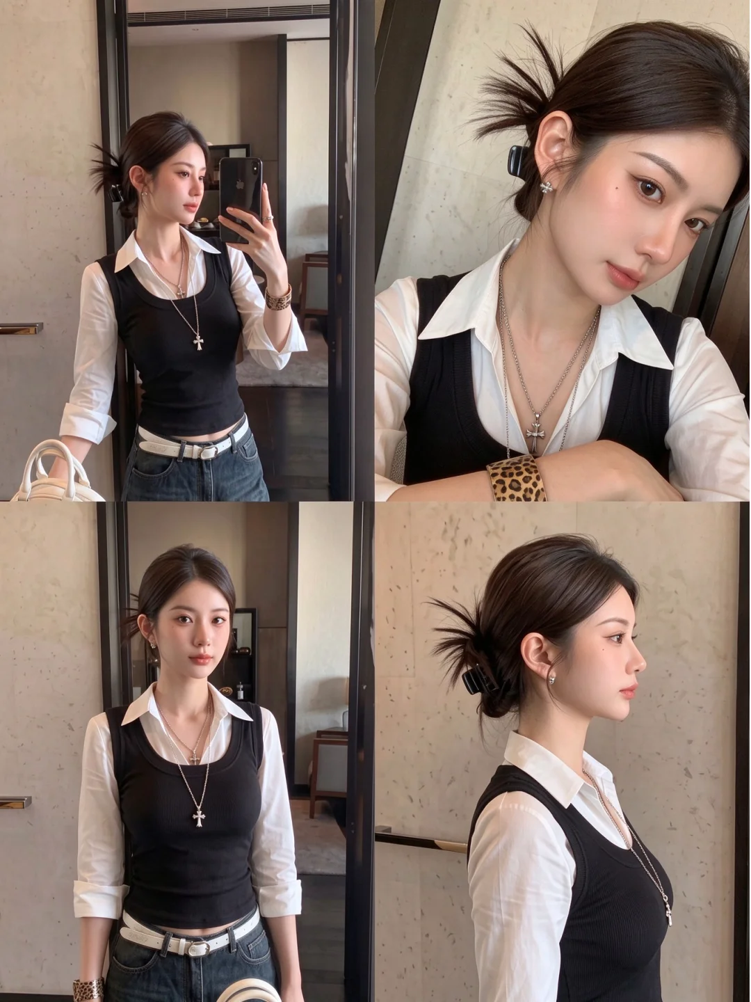 Korean Style Color Collision Long Sleeve  Neck T-Shirt Women's Slim Short Base Shirt Light Maturity Unique Top