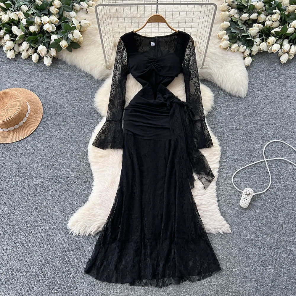 

Women Slim Dress Pleated Dresses Sexy Lace Spliced Square Collar Flare Sleeve Vestidos Ankle Length Cinched Empire Waist Autumn