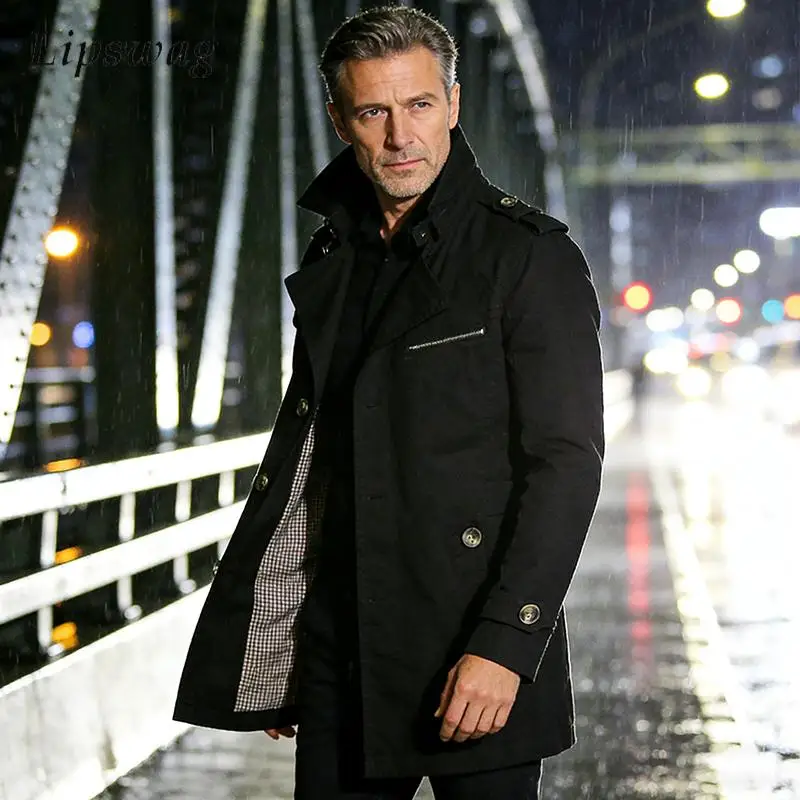 

New Casual Single-breasted Windbreaker Mens 2026 Spring Fall Fashion Lapel Overcoats Vintage Men Solid Color Jacket Coats