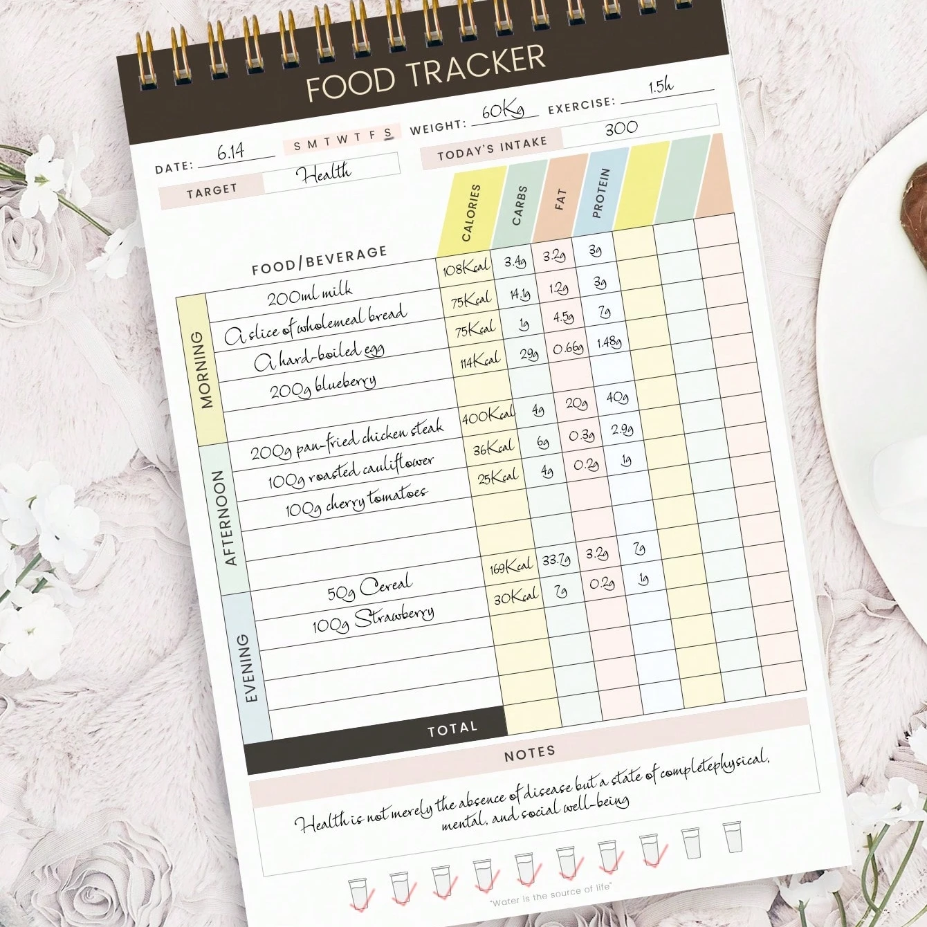52-Page, Double-Sided Spiral Bound Meal Tracker，Cora Kate Food Journal Diary, 5.5 X 8.5 Calorie Counter Book